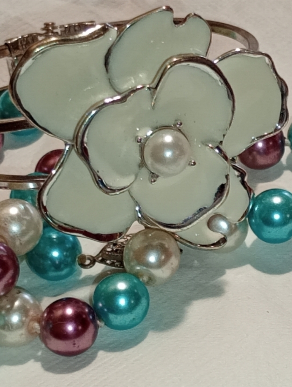 Pearl Multicolor Bead  Necklace - Teal, Purple & Ivory And Enamel Cuff Bracelet - Picture 16 of 16